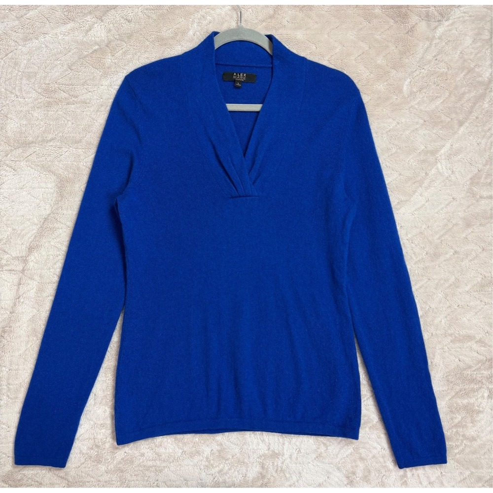 Alex Marie Cashmere Royal Blue Pleated V-Neck Sweater Womens Large